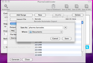 pharmacodeencoder automator exporting barcodes